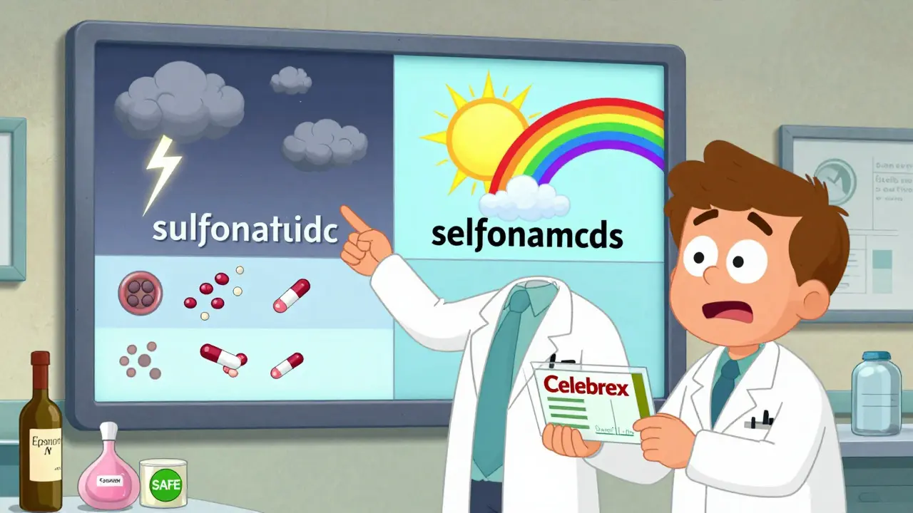 En lege og apoteker viser en oppdelt tabell som skiller farlige og trygge sulfa-legemidler.