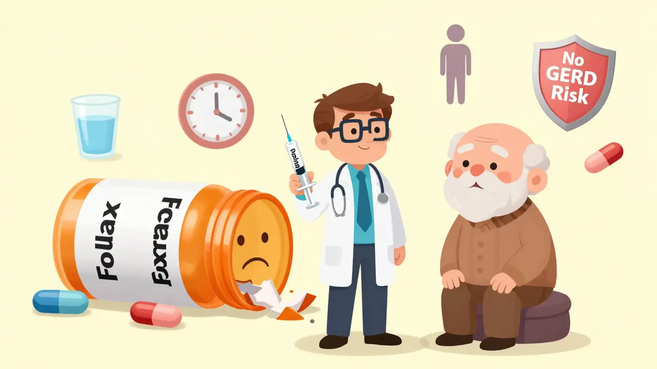 En lege viser alternative injeksjoner til bisfosfonater, mens en skadet tablett ligger ødelagt på gulvet.