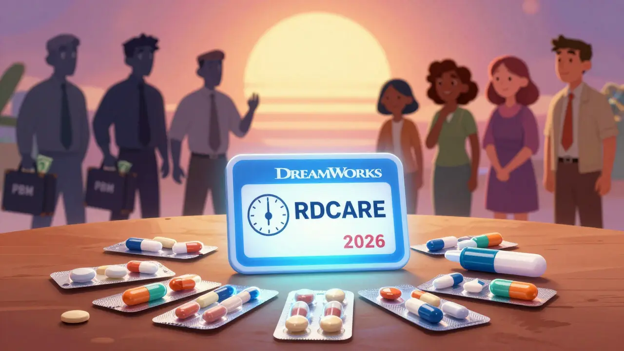 En lyseblå Medicare-badge lyser over reduserte legemiddelpriser med en klokke som viser januar 2026.