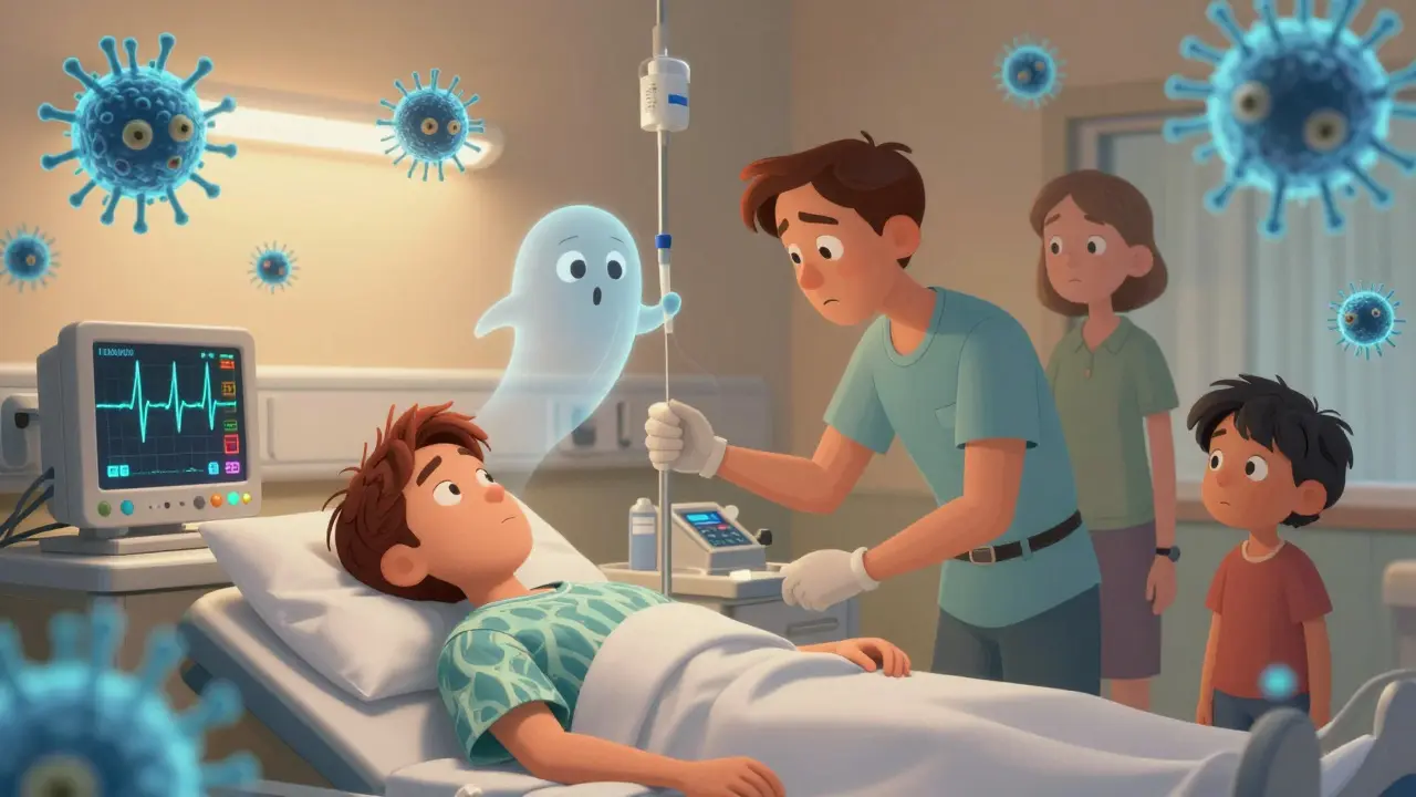 En pasient mottar intravenøse antibiotika i sykehuset med teg av bakterier i luften.