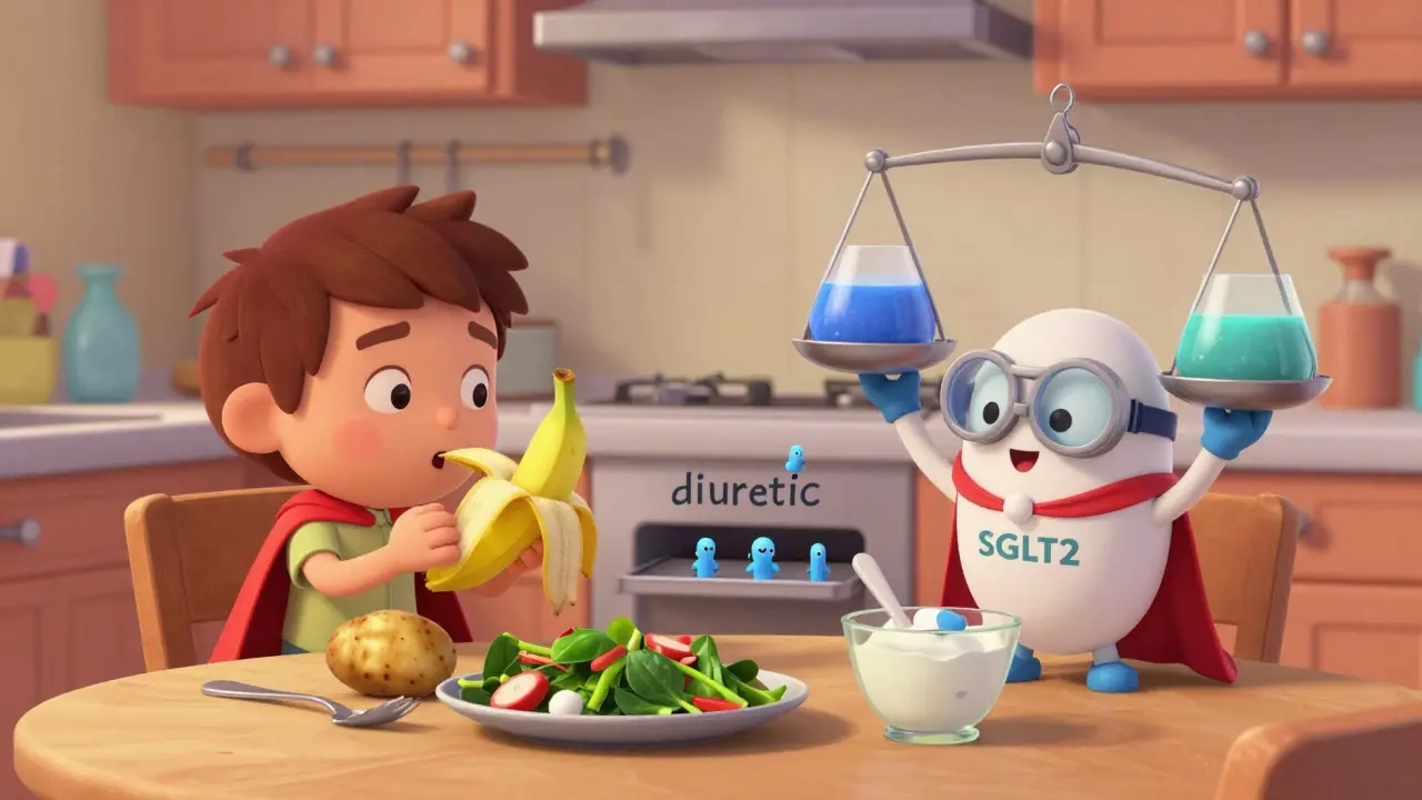 En pasient spiser kaliumrike matvarer mens to legemiddelfigurer beskytter kalium mot å renne bort.