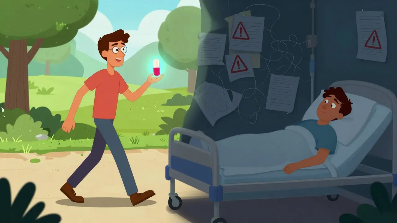 En pasient står mellom to mulige fremtider: en levende og en syk, symboliserer risikoen ved å bytte medisin.