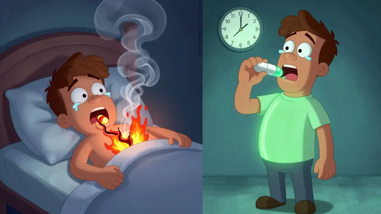 En person ligger i seng med en brennende esofagus, sammenlignet med en som står trygt og tar tabletten riktig.