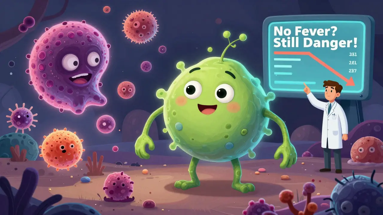 En svak celle forsøker å stoppe farlige mikrober mens T-cell-tell synker på en skjerm.