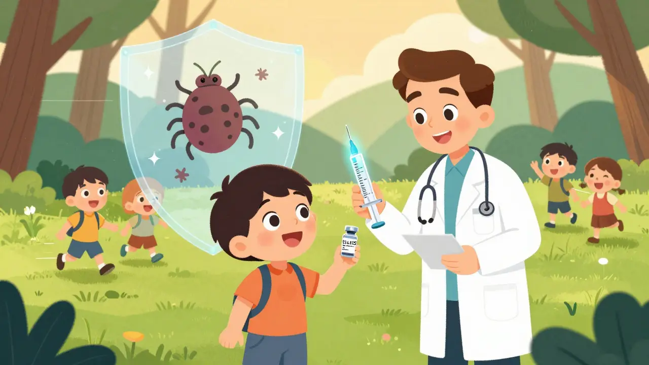 Et barn mottar en ny vaksine mot Lyme-sykdom i en klinikk med et beskyttende skjold over skogen.