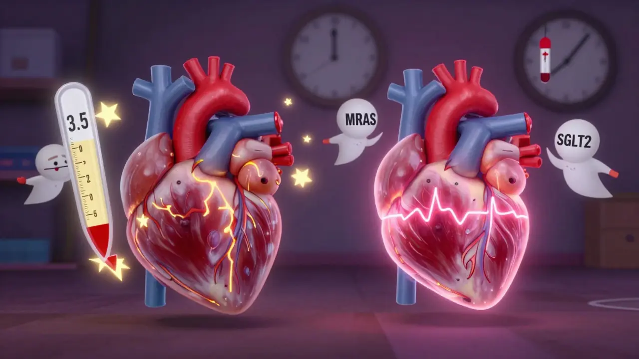 Et hjerte med ustabilt slag på den ene siden, og et stabilt hjerte beskyttet av legemidler på den andre.