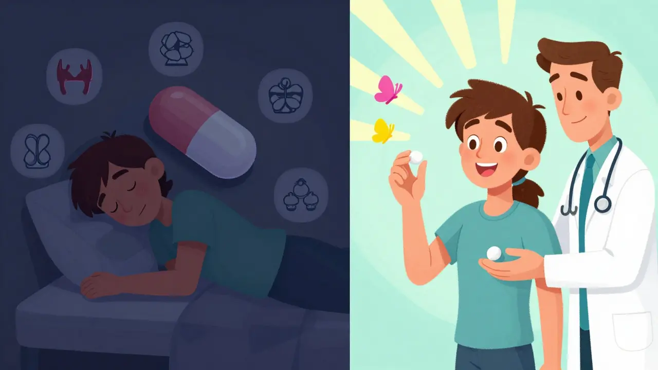 For og etter-bilde av pasient: mørk side med bivirkninger mot lys side med gjenopprettet velvære, i DreamWorks-stil.