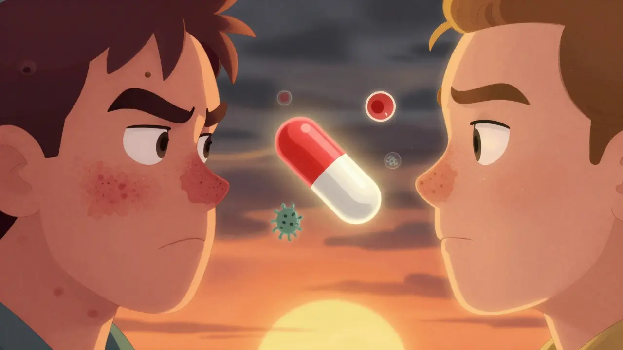 Forandring fra akne til ren hud med isotretinoin-pille som sentral symbol.