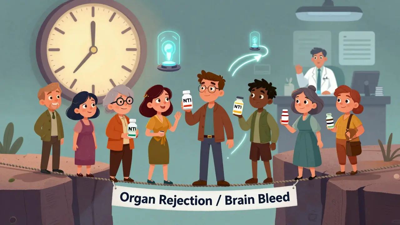 Mennesker av alle aldre går på en tråd over en djup, holdende NTI-medisiner, med en smart sensor over dem.