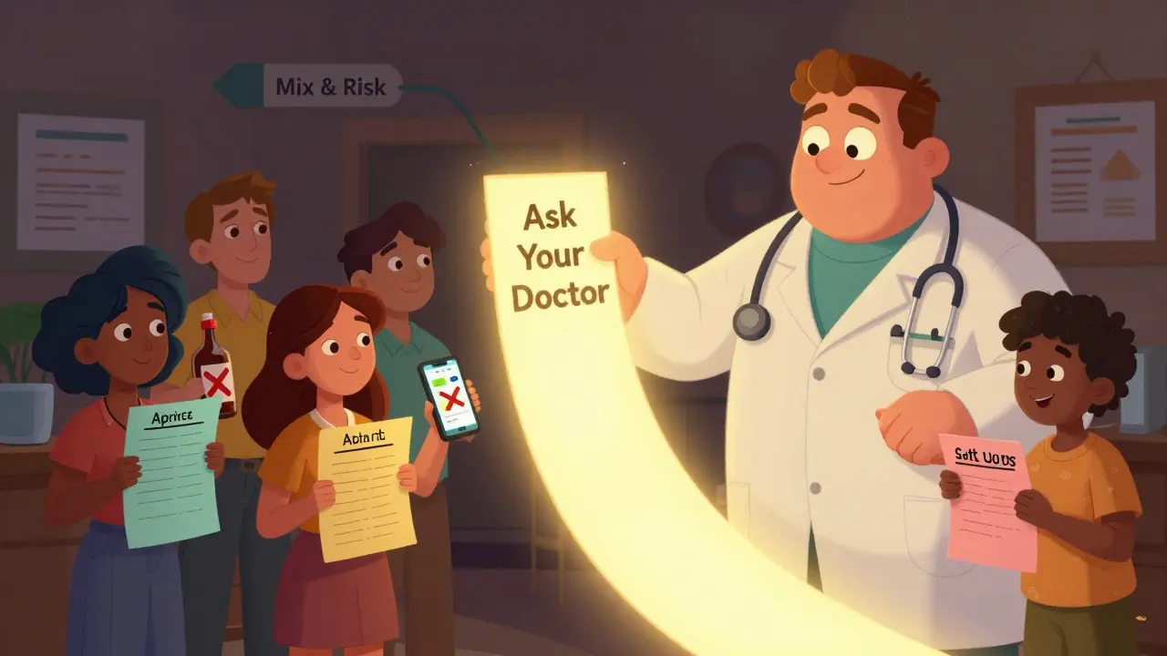 Mennesker i legeværelse får råd fra en vennlig apoteker om trygg bruk av legemidler.