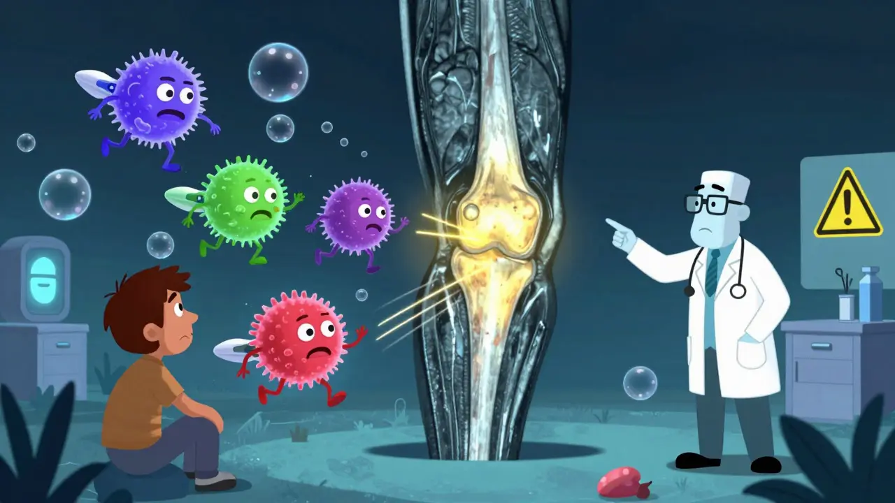 MRI-bilde viser T-celler som jakter på inflamasjon i ledd med mikrobobler som jetpacks.