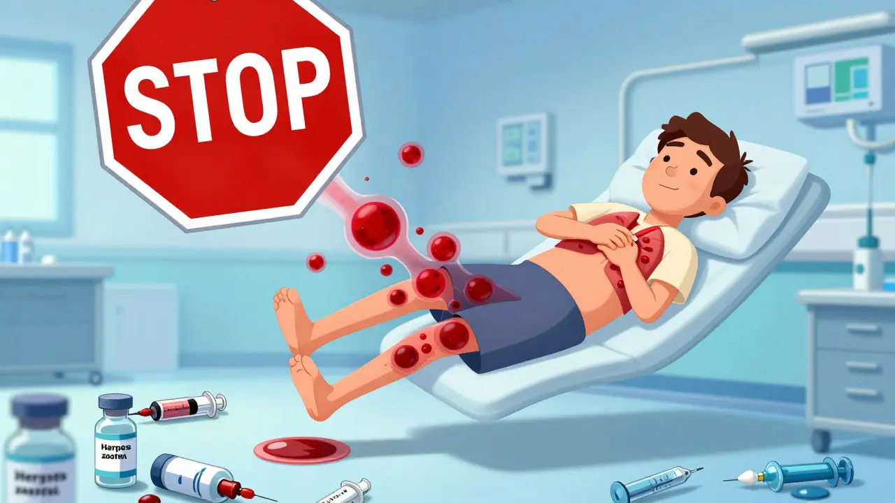 Pasient i fly med blodpropp som reiser opp fra beinet mot lungene, med STOP-skilt over.