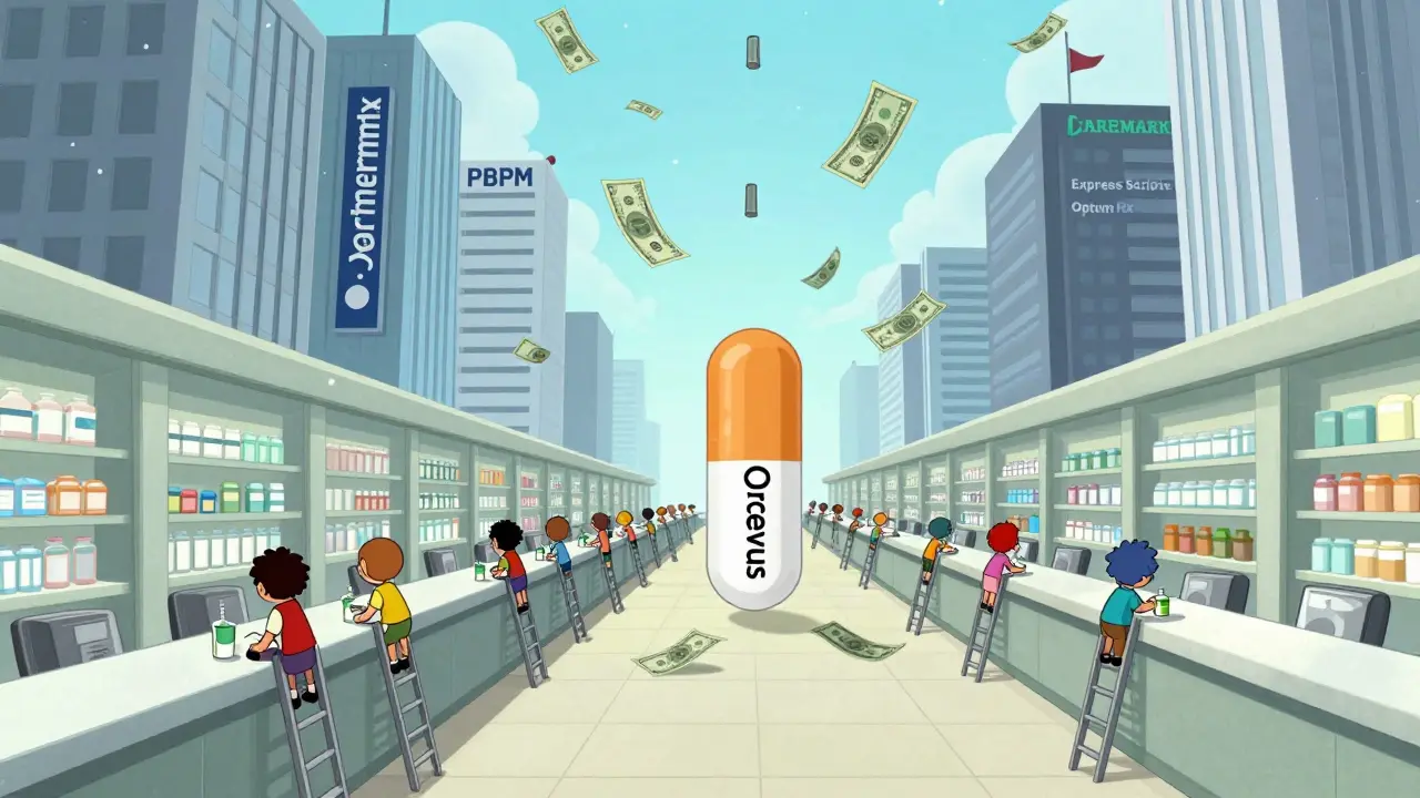 Pasienter klatrer mot en enorm, dyre medisin som ligger over bygninger med apotekbedrifters logotyper.