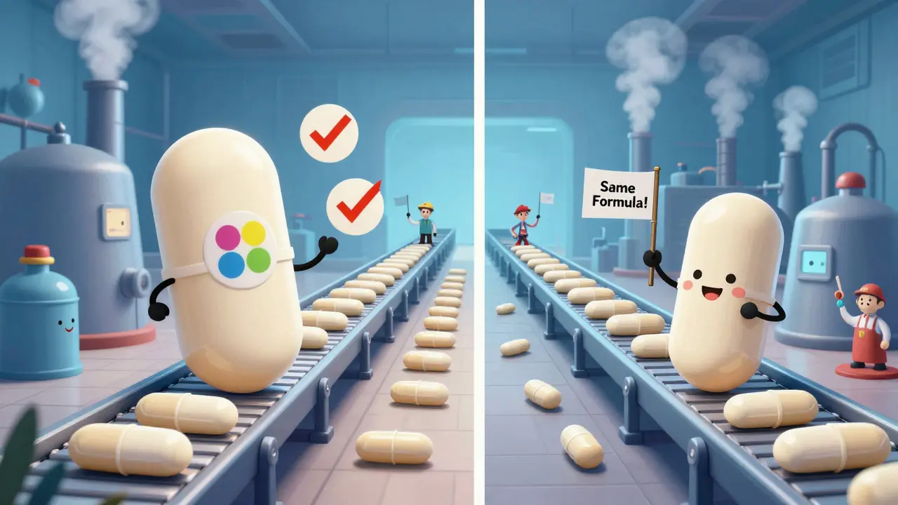 Samme fabrikk produserer to like piller, en med merkevare og en uten, i en animert scenari.