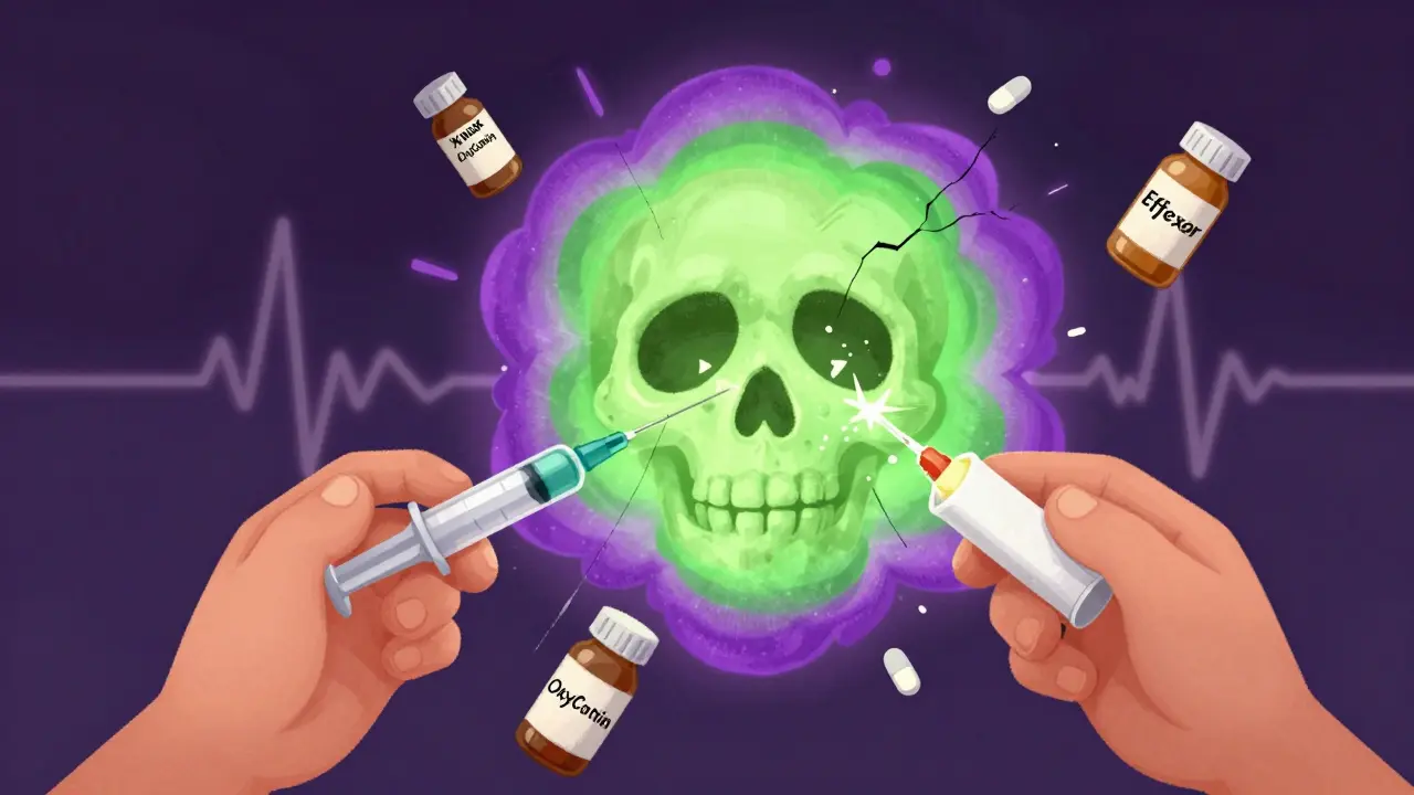 To hender holder heroin og kokain som kolliderer til en skalle av giftig gass.