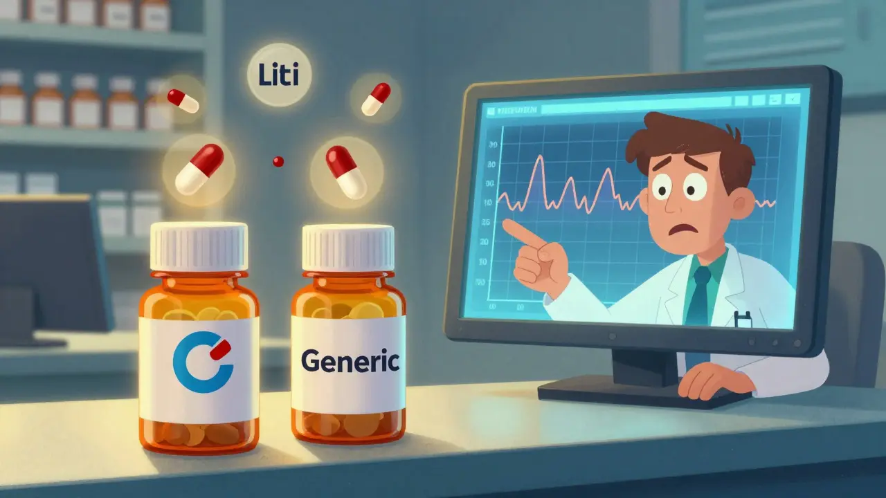 To like utseende medisinflasker på apoteket, med en blodkonsentrasjonsgraf som viser fare.