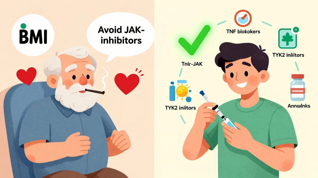 To pasienter: en med risikofaktorer som skal unngå JAK-hemmere, en annen som får tryggere behandling.