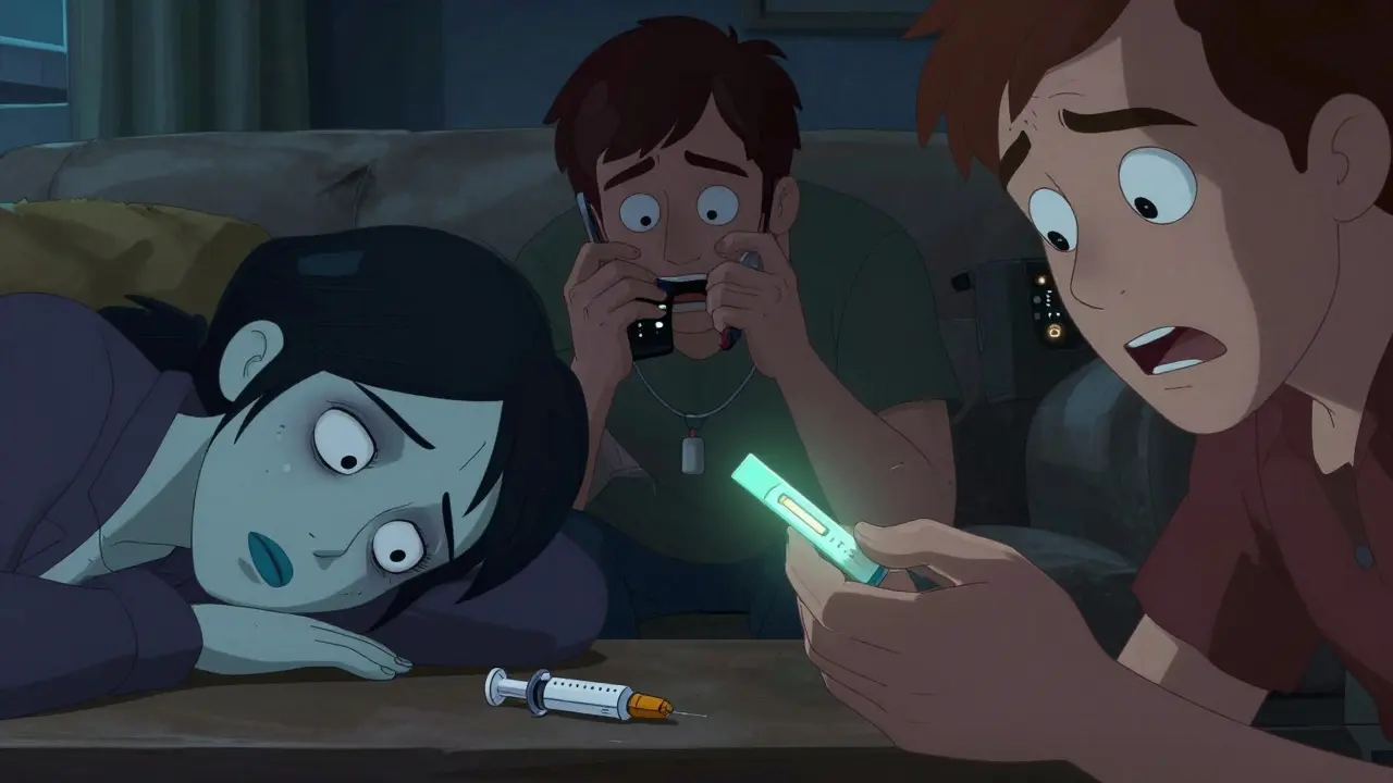 Tre personer i en leilighet: en overdosert, en som ringer 113, og en som tester en pille med en teststripe.