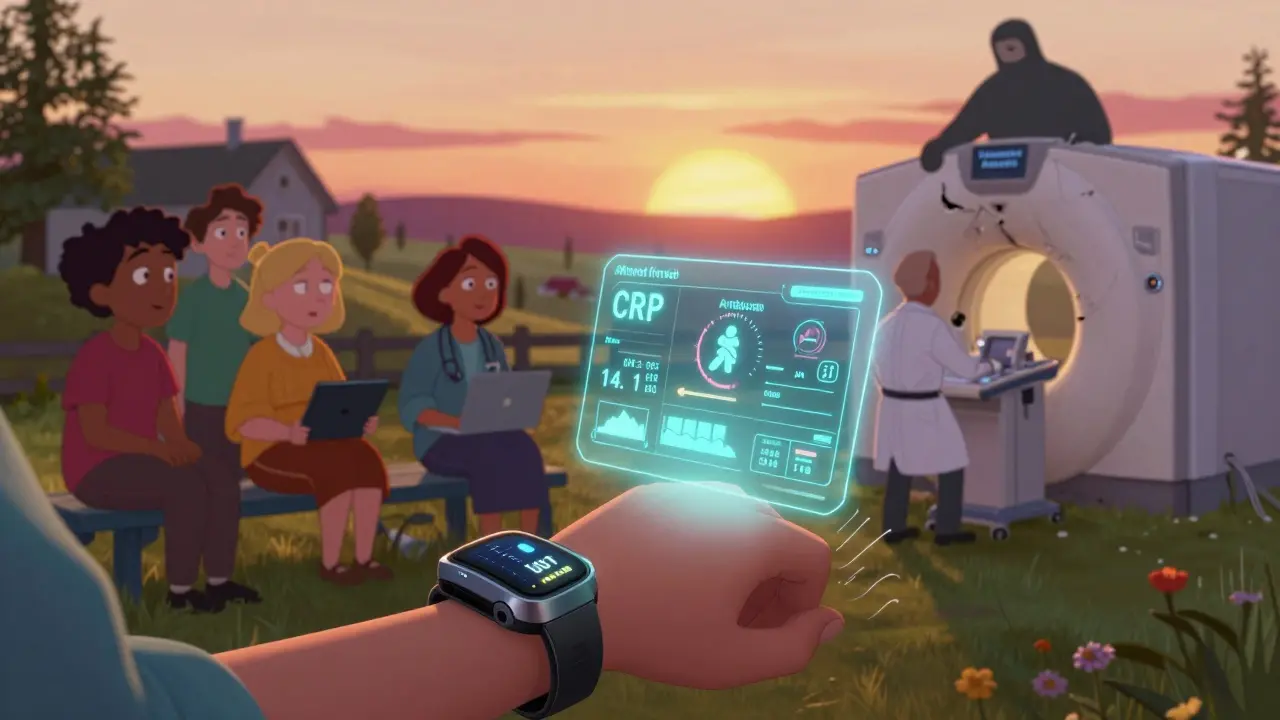 Vårlig wearable viser AI-varsling om flare, mens pasienter kobler seg til legen via digitalt nettverk.