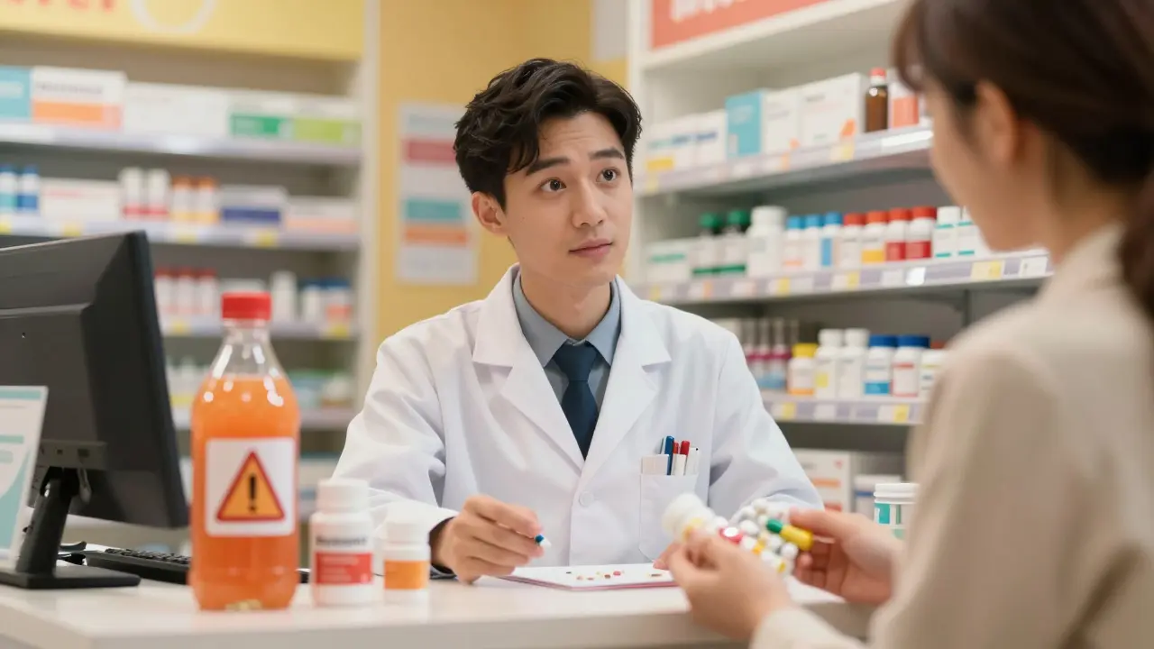 Apotekar sjekker medikamentinteraksjoner med grapefruktjuice og piller. Advarselssymbol.