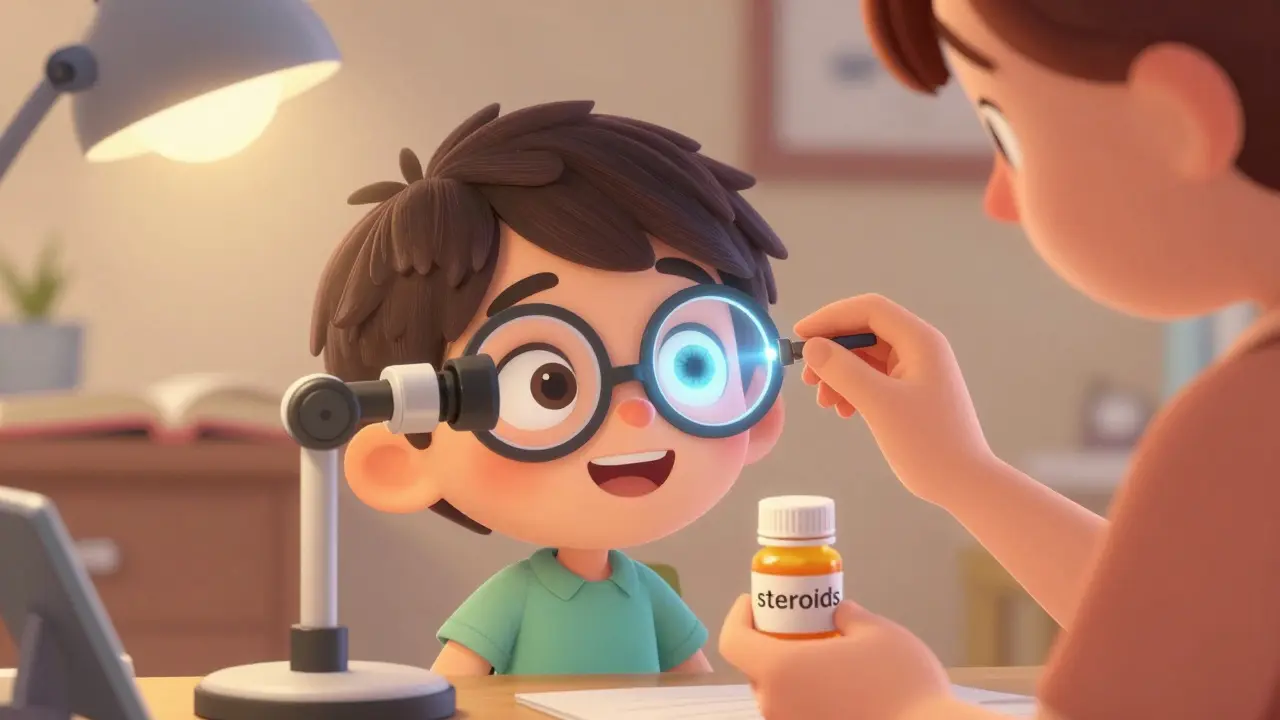 Barn og lege ser på øyet med en lyslins, mens steroider vises i bakgrunnen.