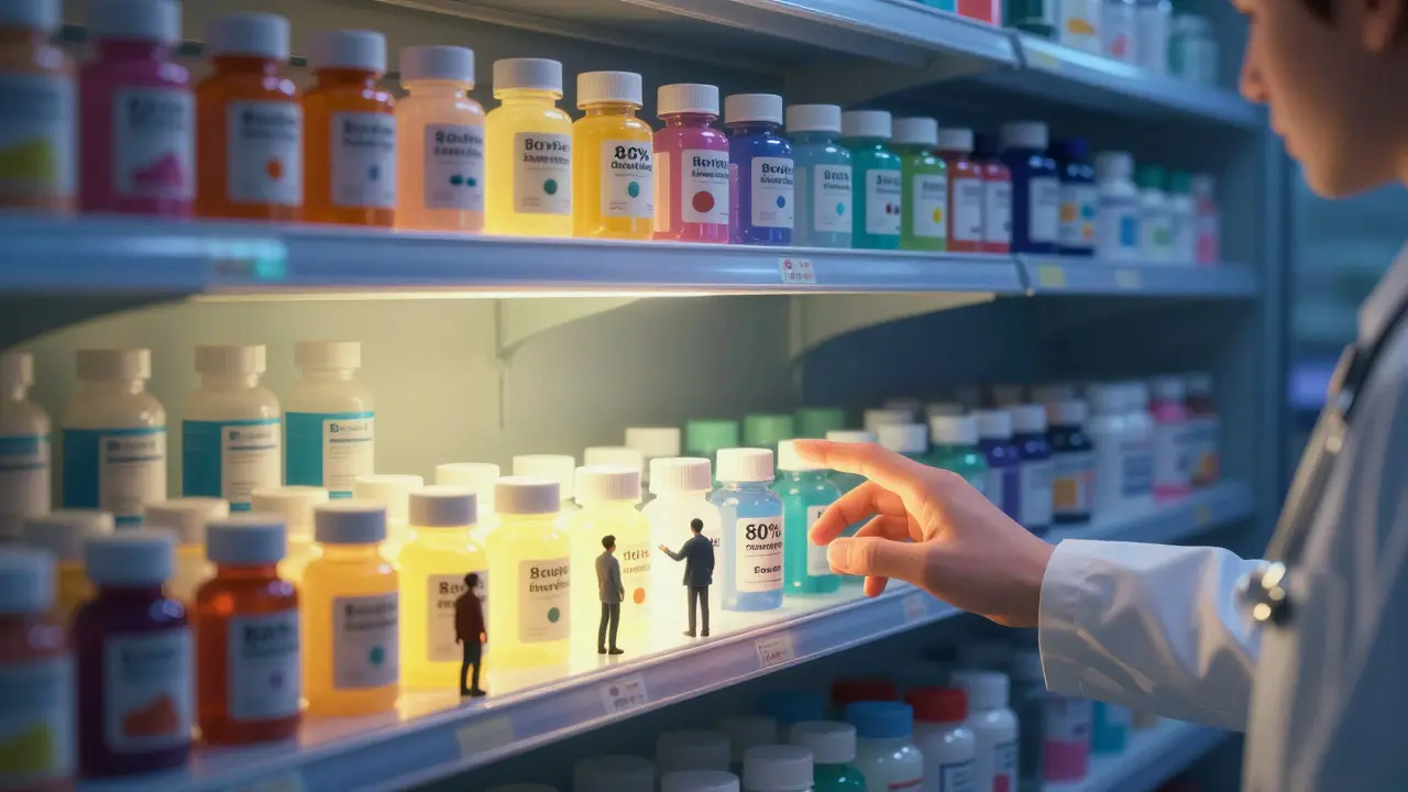 En apotekrekke med lys og skygge, der en pasient blir veiledet mot det billige, like gode alternativet.
