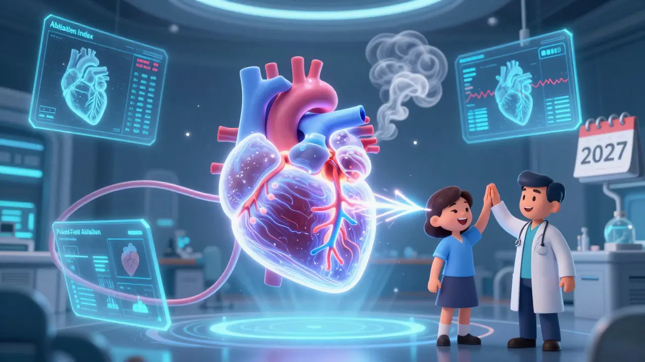 En fremtidig katheter bruker elektriske pulser for å behandle hjertearritmi i en digital hjertemodell.