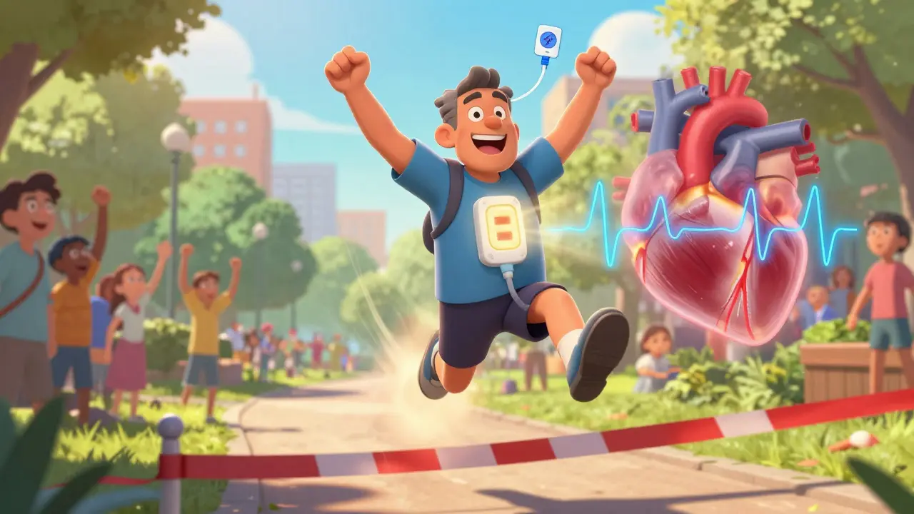 En glad mann med en implantert ICD løper fritt, med et normalt hjerte som gløder bak ham.