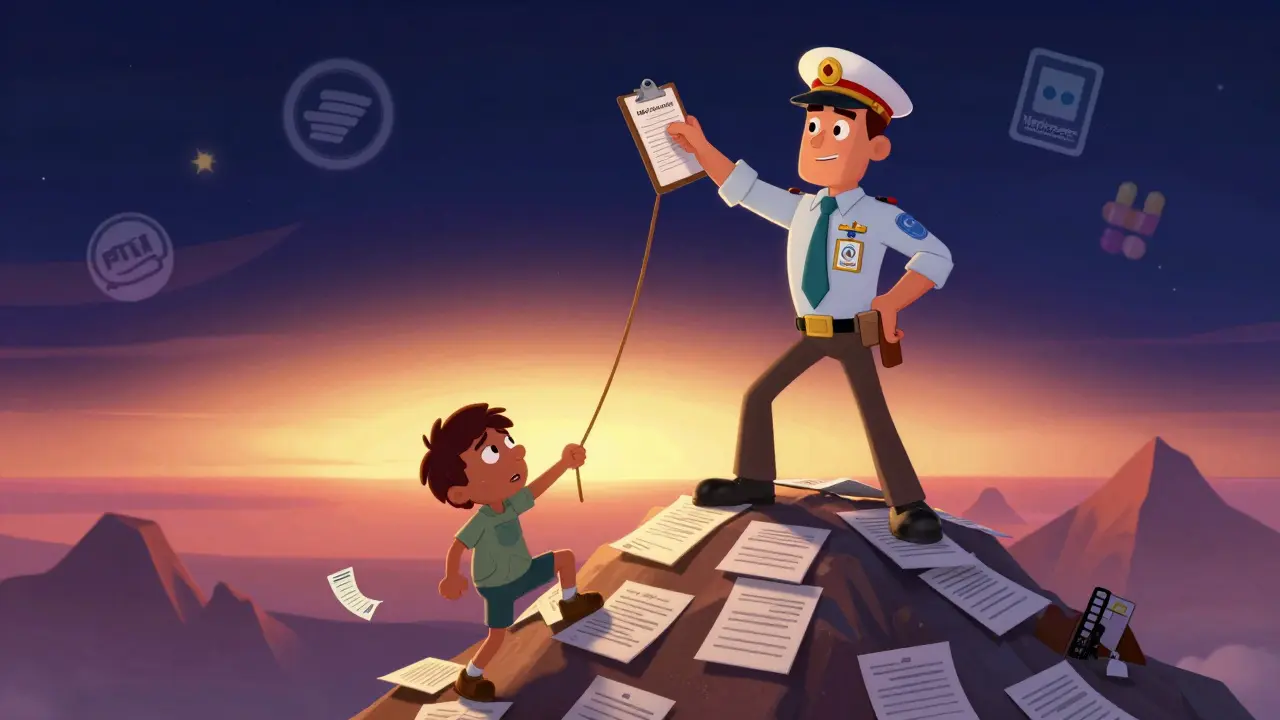 En hjelpevakt trekker opp en pasient fra en haug med avviste søknader, mens en lysende horisont viser nye Medicare-grenser i 2025.