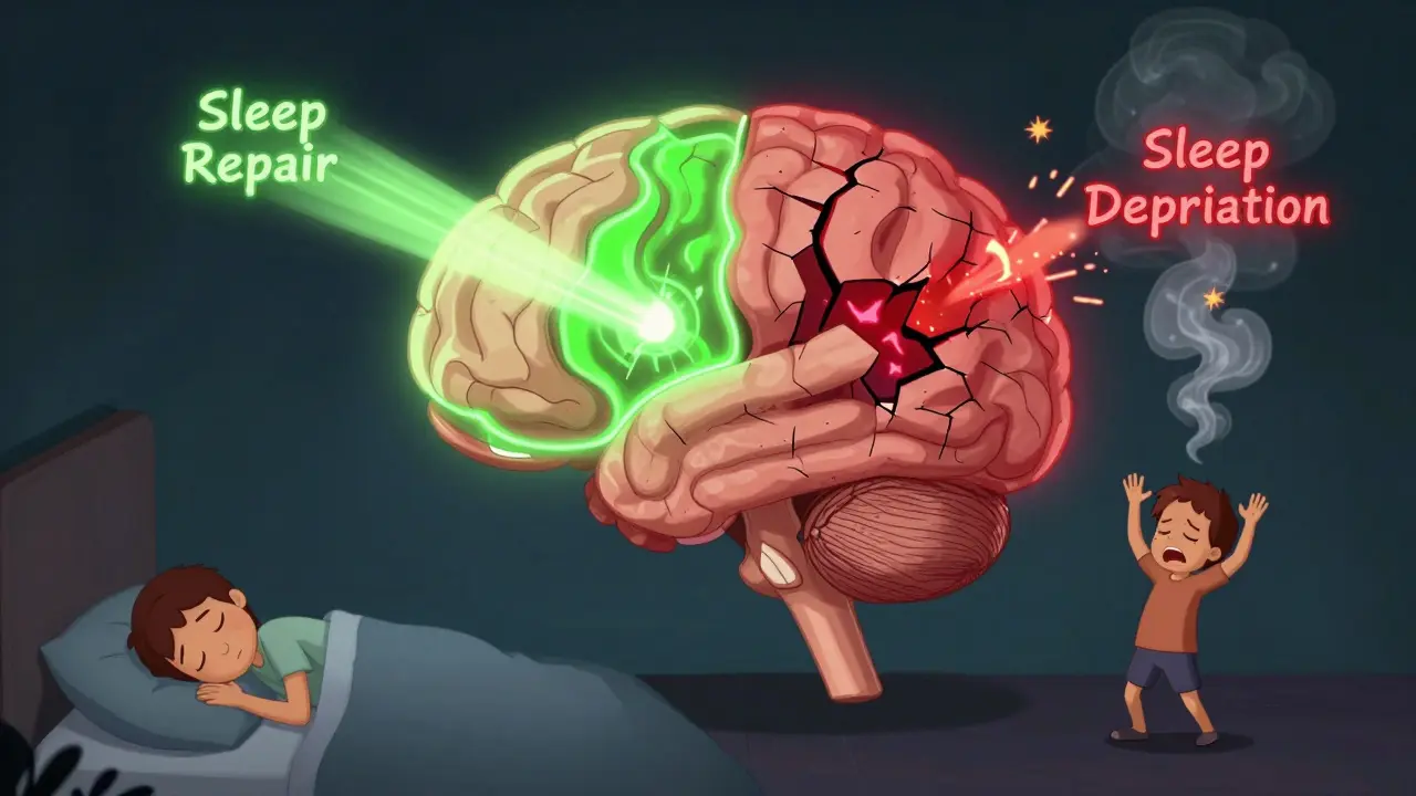 En hjernesymbolikk med to veier: en helbredende og en forstyrret, viser effekten av søvn og smerte.