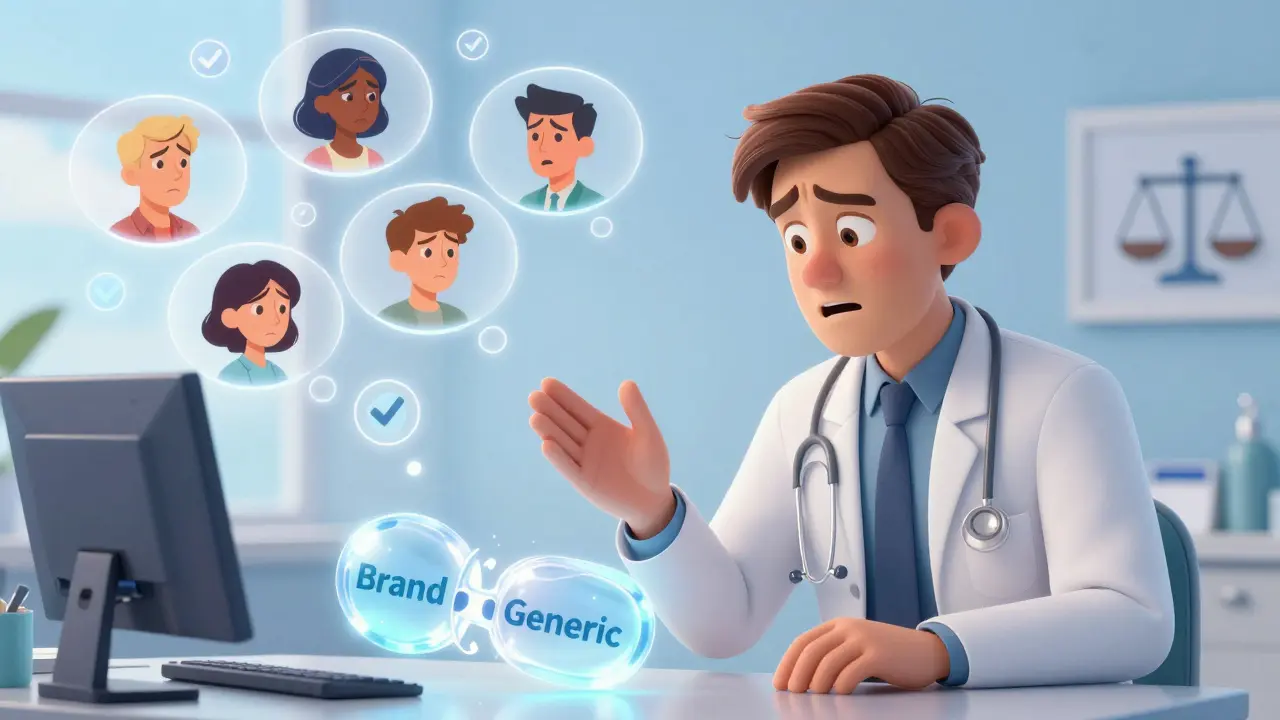 En lege forklarer at to legemidler er like, mens tanker fra pasienter svirrer rundt dem.