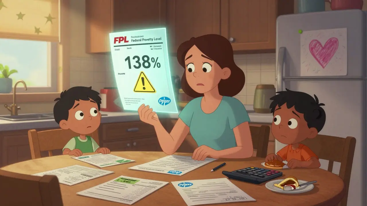 En mor sitter ved kjøkkenbordet med skatte- og lønnsdokumenter, mens en FPL-skala viser at hun er i det grå sonen.