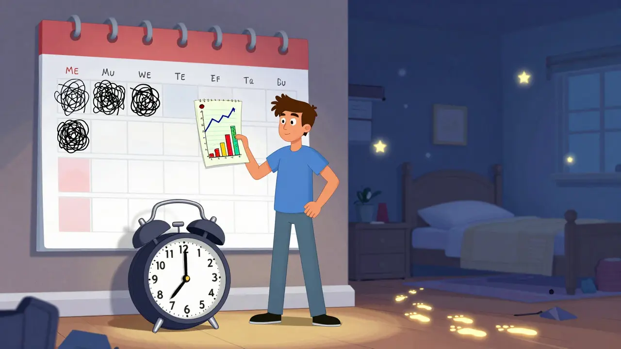 En person holder en søvndagbok med voksende søvneffektivitet, mens en vei fører til rolig seng.