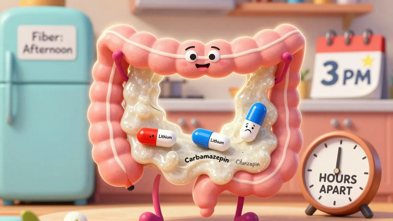 En tegnet tarm med fiber og legemidler som holder avstand fra hverandre, med en klokke som viser 4 timers avstand.