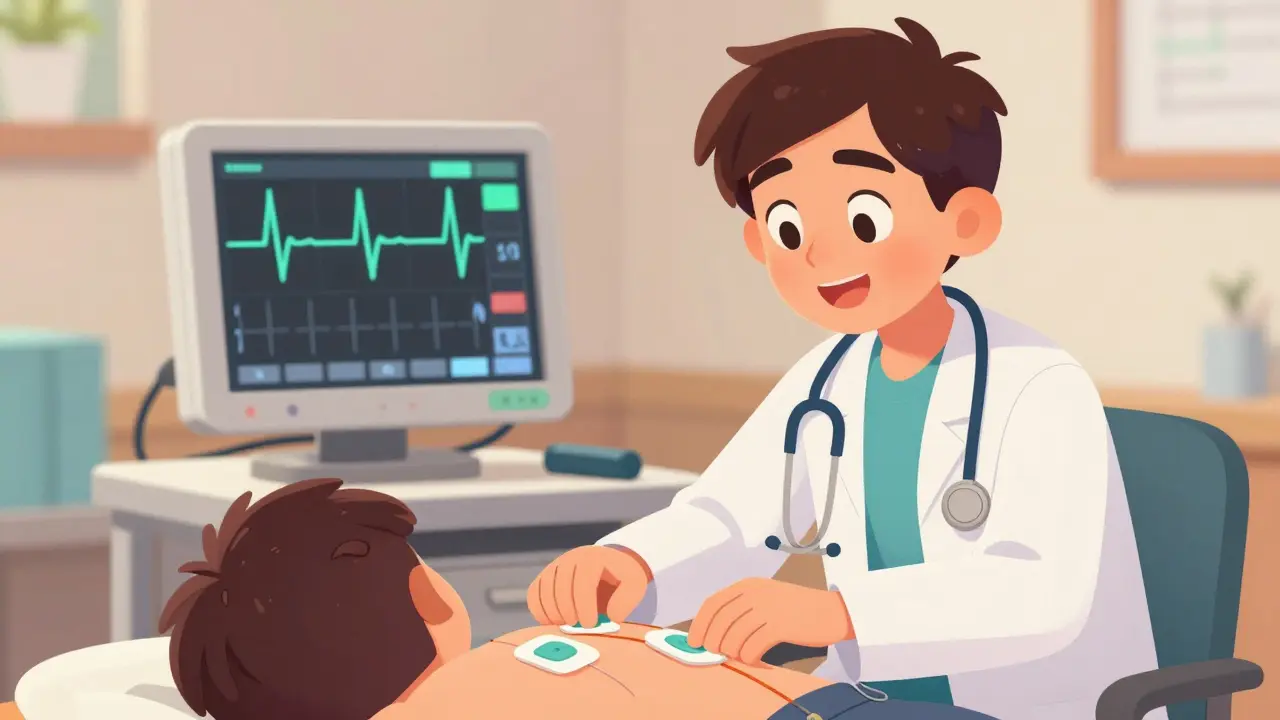 Lege utfører EKG på pasient med normal hjertefunksjon