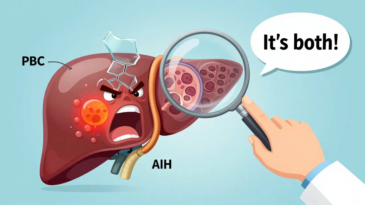 Lever med skadde gallekanaler og inflammasjon i samme vev, sett gjennom en forstørrelseslinse.