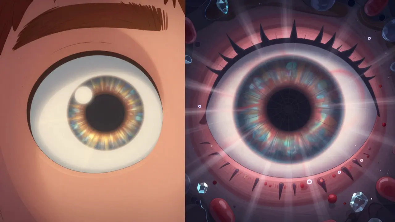 Sammenligning av et sunn øye og et øye med steroidindusert katarakt.