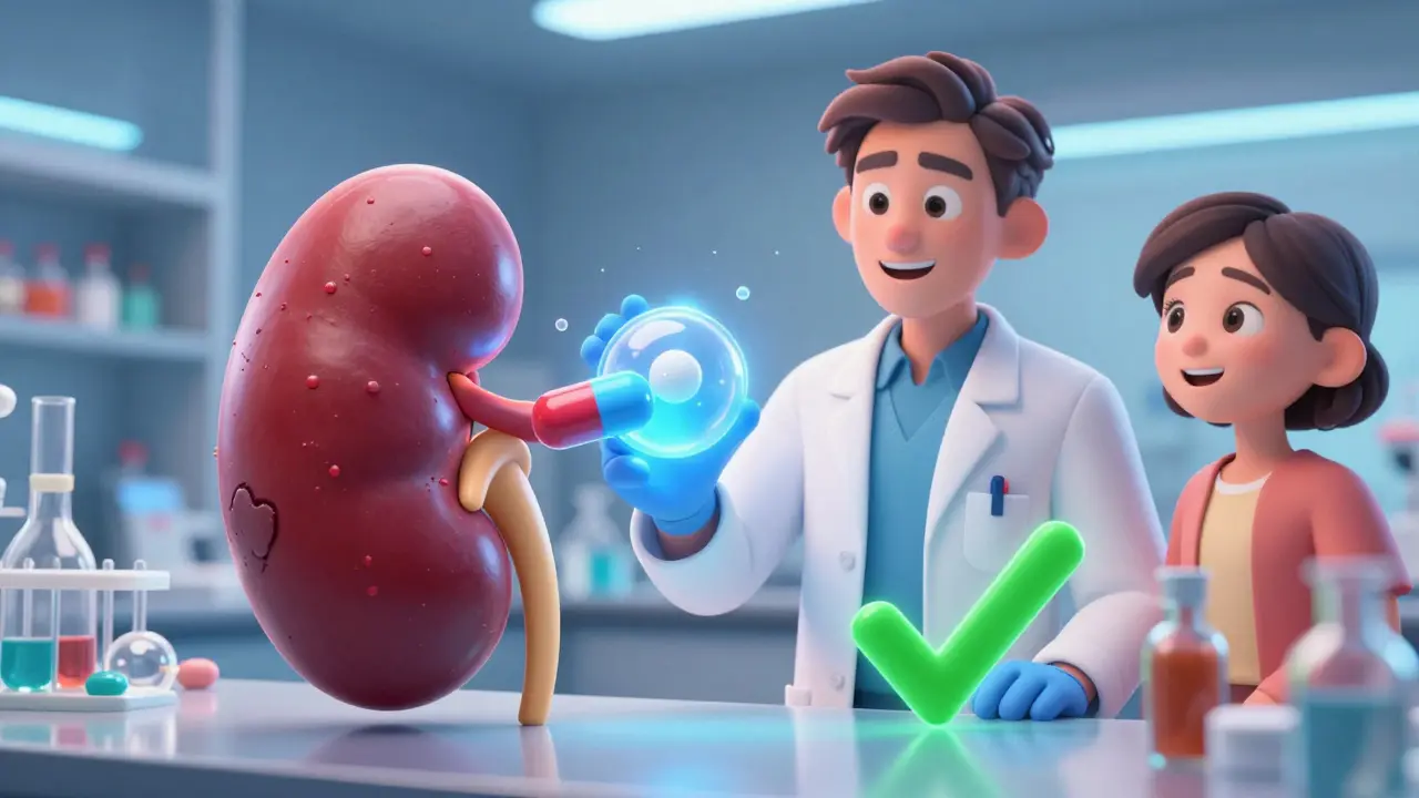 Vitenskapsmann holder en lyseglødende ny medisin. Sunn nyre med grønn checkmark.