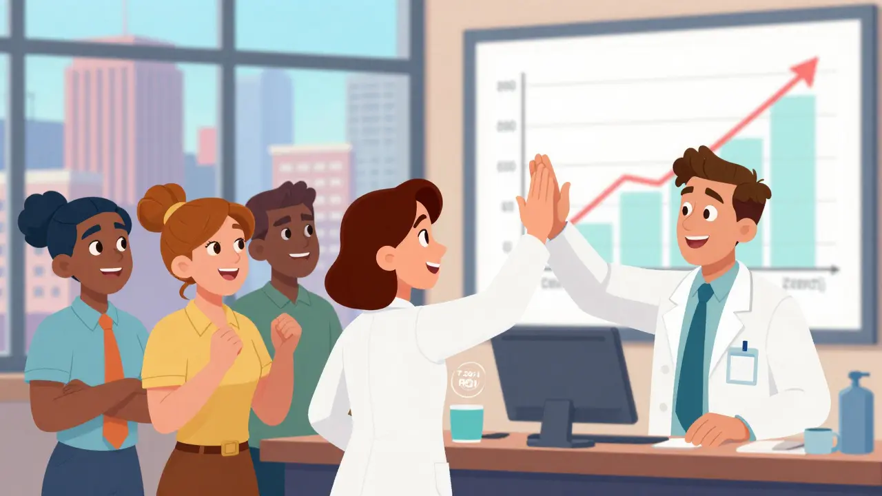 Ansatte feirer med apotekeren etter å ha gått over til billige generiske legemidler.