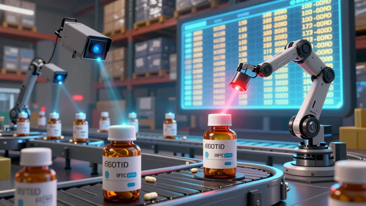 Automatisk lager med serienumre og NFC-chipper, der AI og blockchain overvåker hvert legemiddel.