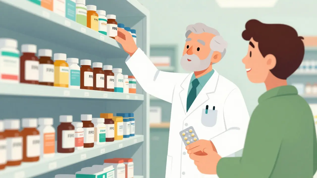 En apotekar bruker FIFO-metoden for å organisere medisiner på hylla.