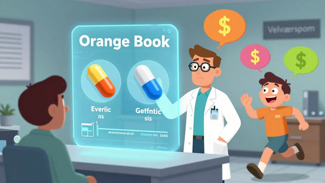 En apotekar forklarer forskjellen mellom merkevare og generisk medisin med en holografisk bok.