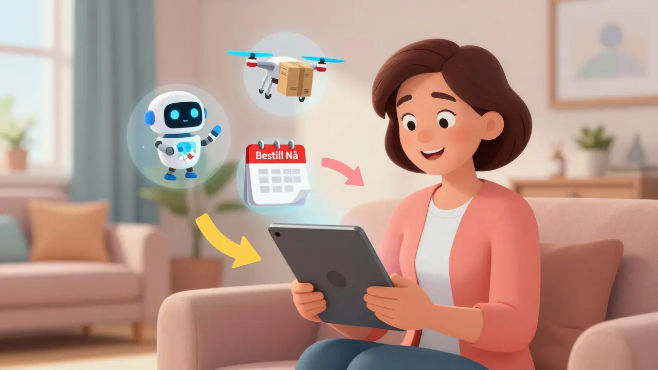 En kvinne bestiller medisiner online med animerte ikoner som viser robot og dronner.