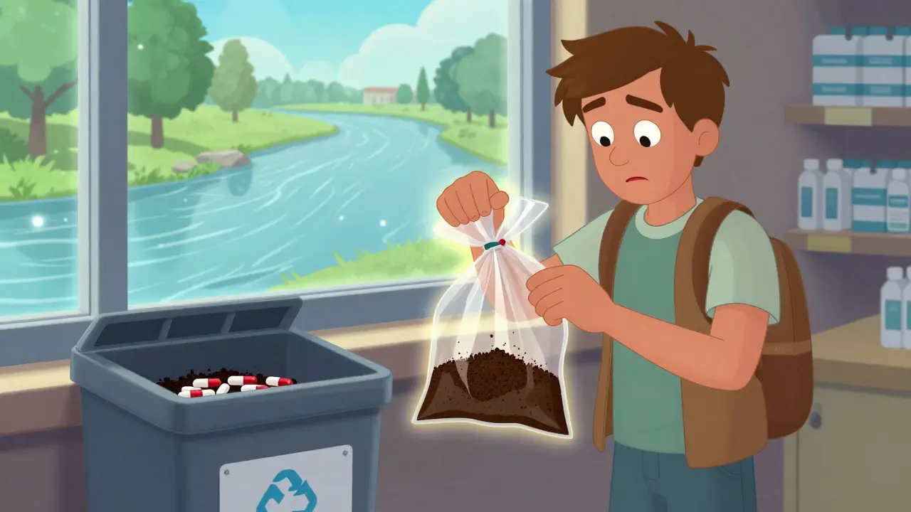 En person kaster utløpte medisiner i en innsamlingsboks ved apoteket.