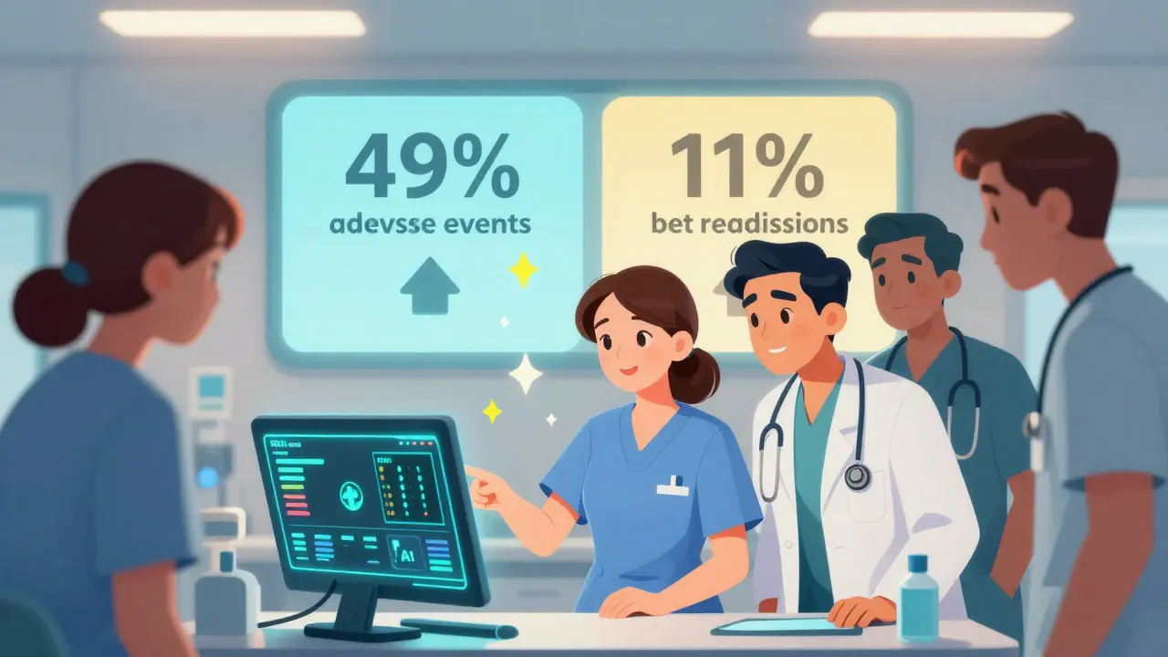 Hospital team collaborating around an EHR screen showing drug safety alerts and positive outcome stats.