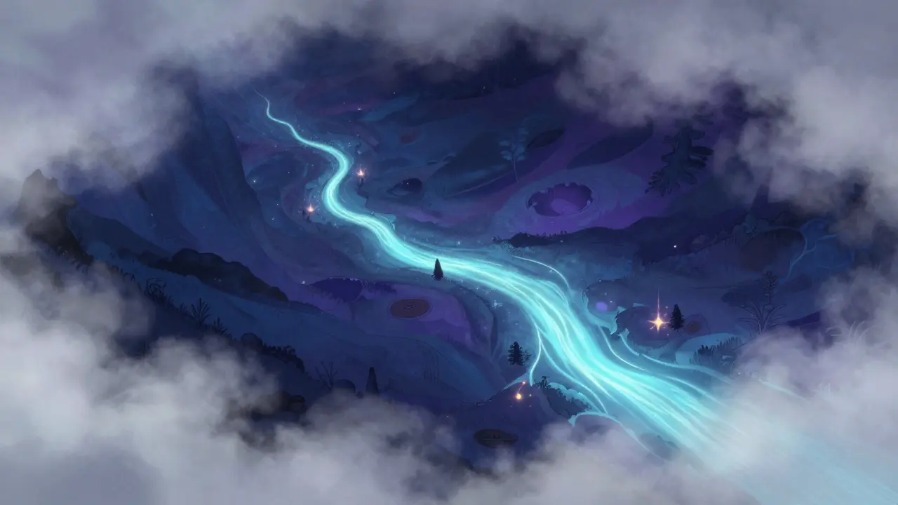 Indre landskap hvor lysende veier dekkes av tåke og dør ut.