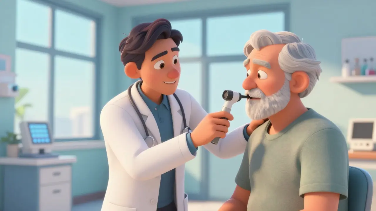 Legehjelp til pasient under lungefunksjonstest med blåsesylinder.