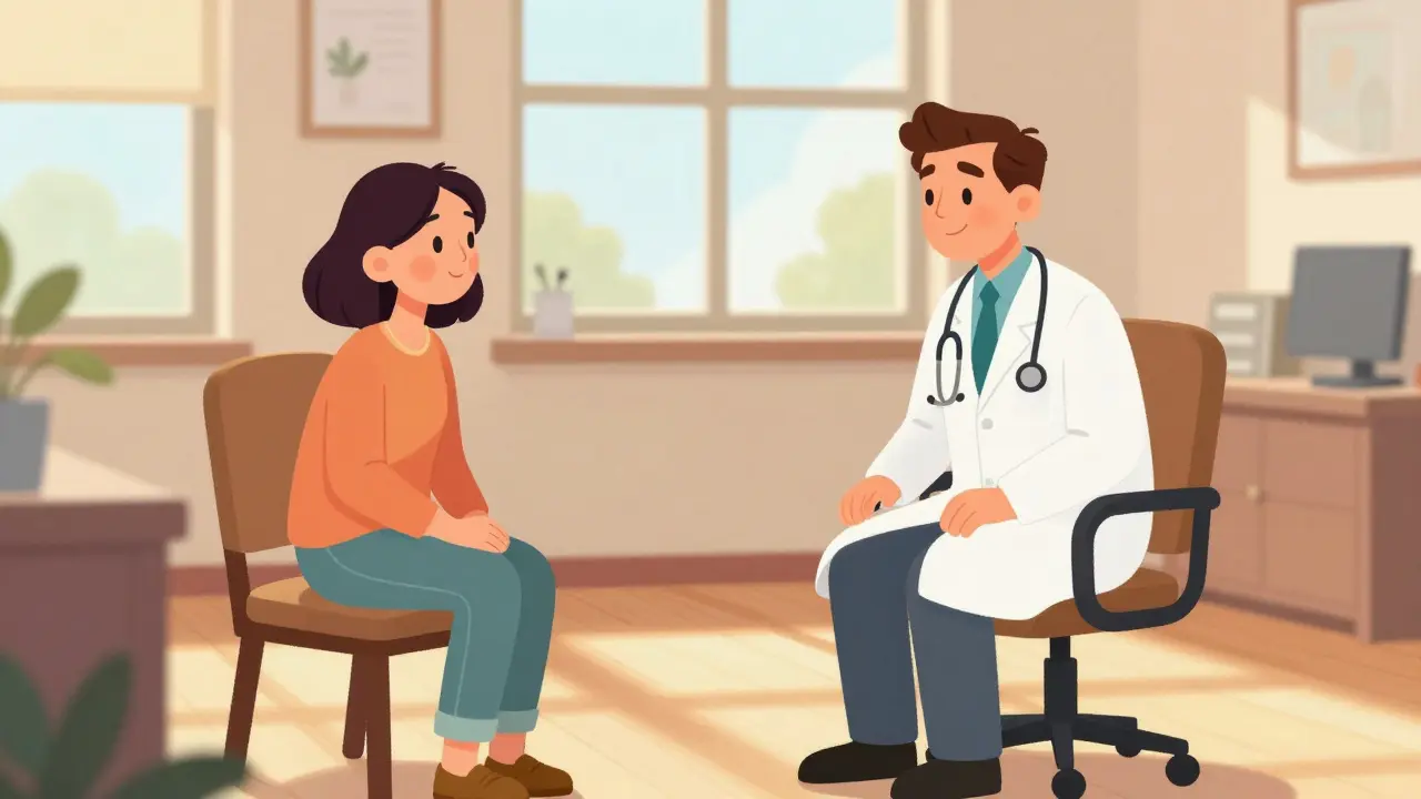 Pasient og lege prater i varmt sollys mens skygger trekker seg unna.