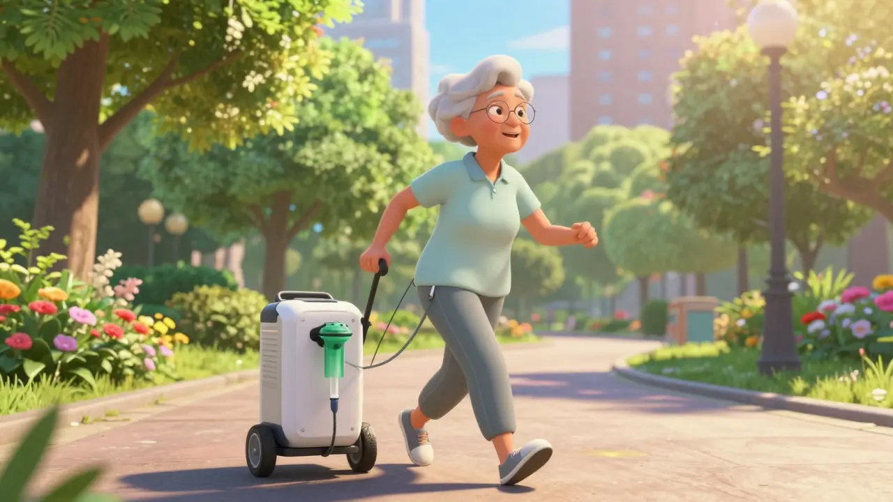 Person som vandrer i parken med oksygenapparat og virker bedre.