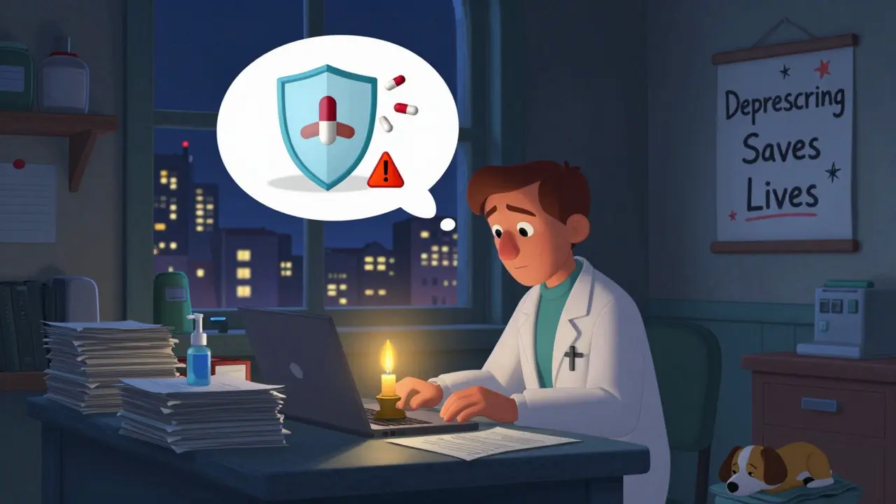 Rural pharmacist working late, protecting a patient from harmful medications with AI-driven insights.